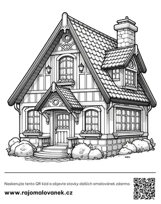Chalúpky – omaľovánka 9 Čiernobiela omaľovánka s motívom chalúpky, obrázok 9, pripravená na vytlačenie