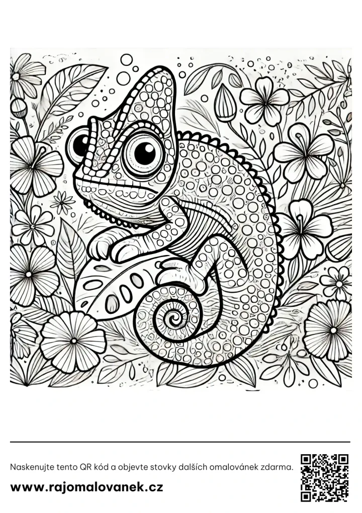Chameleóny – omaľovánka 1 Čiernobiela omaľovánka s motívom chameleóny, obrázok 1, pripravená na vytlačenie