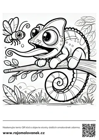 Chameleóny – omaľovánka 4 Čiernobiela omaľovánka s motívom chameleóny, obrázok 4, pripravená na vytlačenie