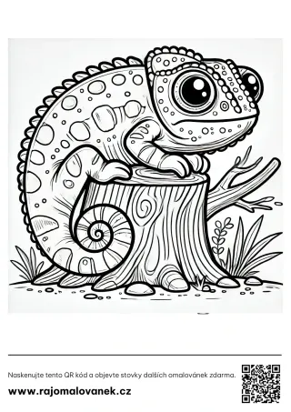 Chameleóny – omaľovánka 5 Čiernobiela omaľovánka s motívom chameleóny, obrázok 5, pripravená na vytlačenie