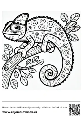 Chameleóny – omaľovánka 8 Čiernobiela omaľovánka s motívom chameleóny, obrázok 8, pripravená na vytlačenie