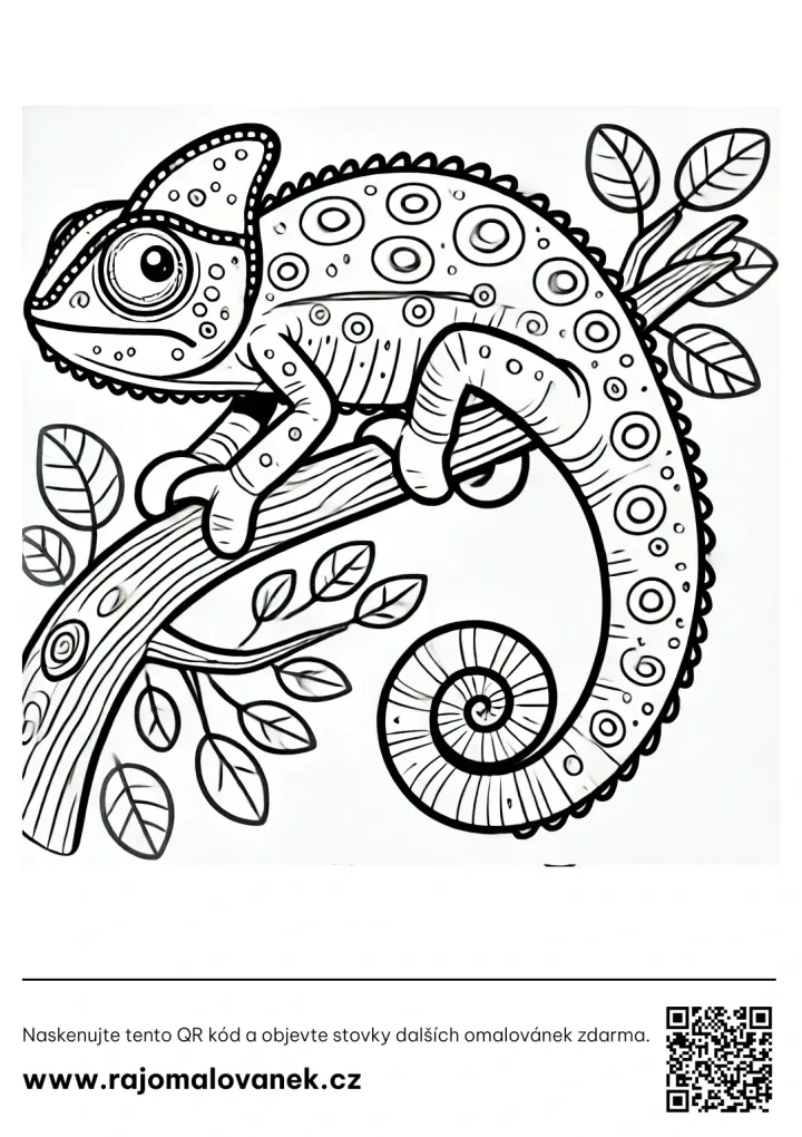 Chameleóny – omaľovánka 8 Čiernobiela omaľovánka s motívom chameleóny, obrázok 8, pripravená na vytlačenie