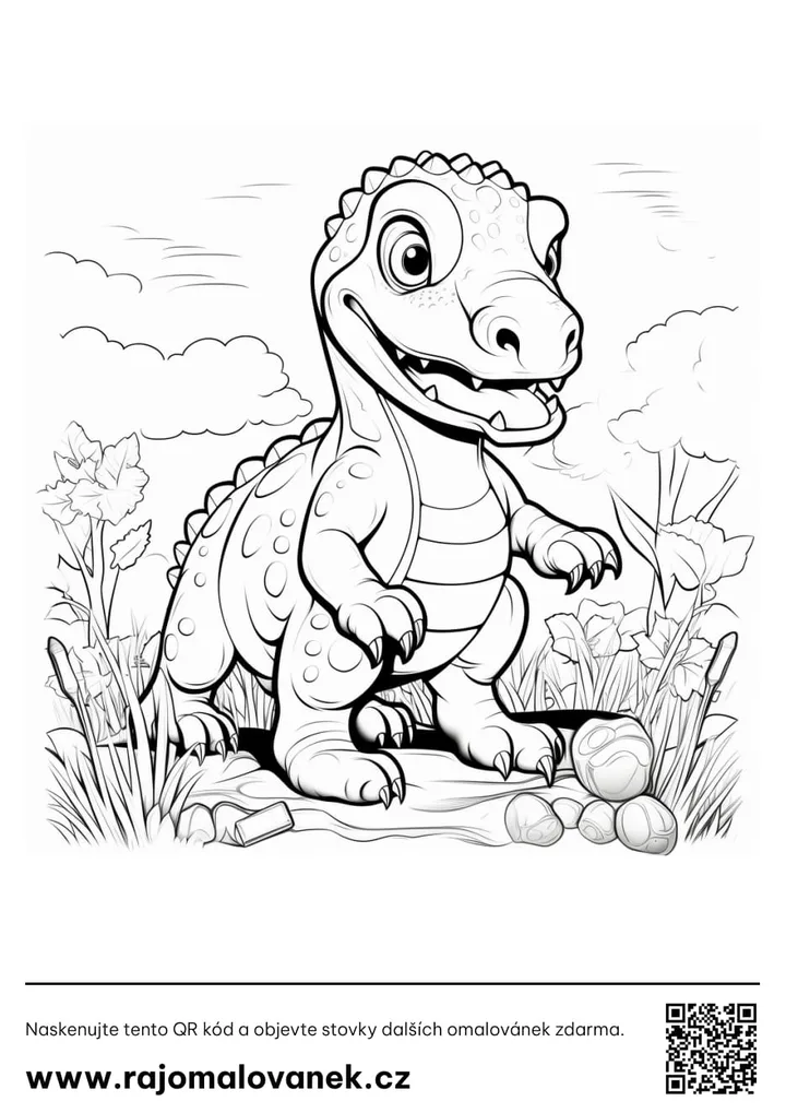 Dinosaury – omaľovánka 1 Čiernobiela omaľovánka s motívom dinosaury, obrázok 1, pripravená na vytlačenie