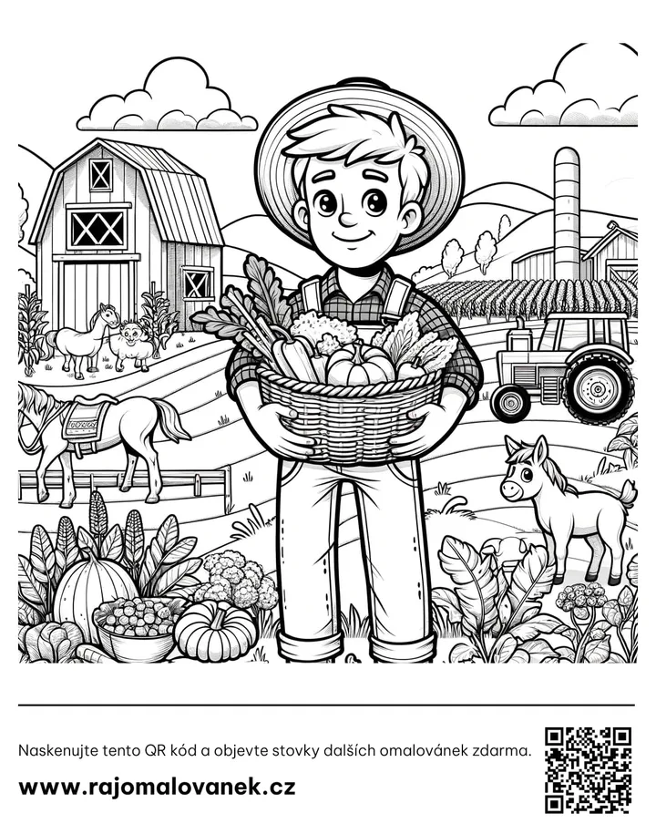 Čiernobiela omaľovánka s motívom farma, obrázok 6, pripravená na vytlačenie