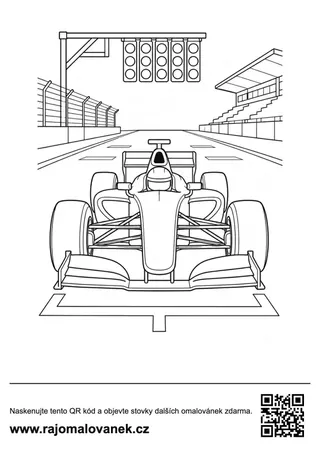 Formula na štartovom rošte Omaľovánka formule spredu na štartovom rošte pod pretekárskymi svetlami