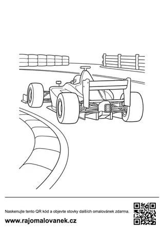 Formula zozadu v zákrute Omaľovánka pretekárskej formule zozadu pri prejazde zákrutou s bariérami