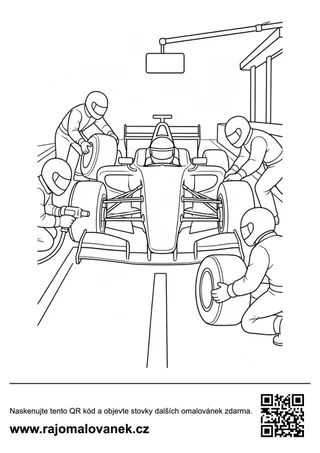 Formula v boxoch Omaľovánka formule v boxoch obklopenej mechanikmi pretekárskeho tímu