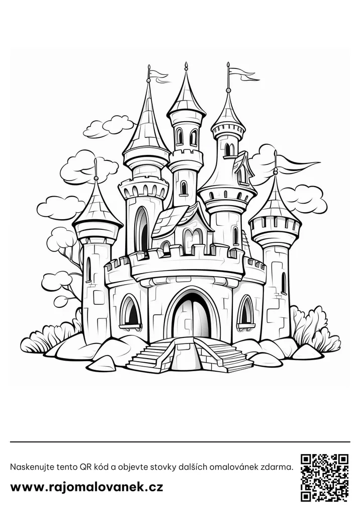 Čiernobiela omaľovánka s motívom hrady, obrázok 2, pripravená na vytlačenie
