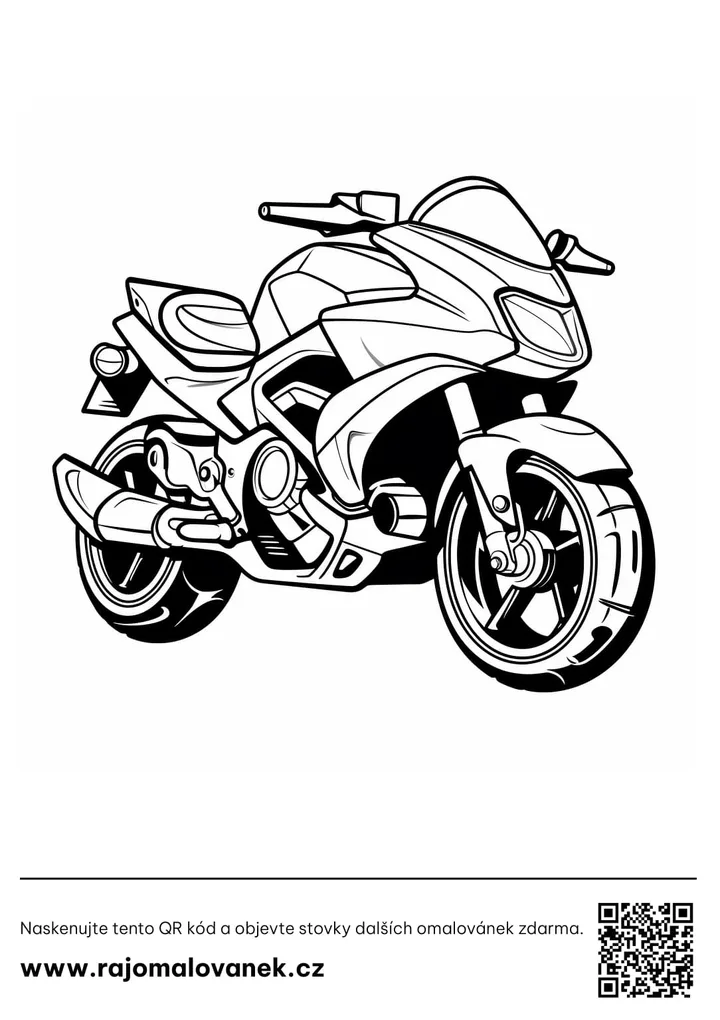 Motorky – omaľovánka 2 Čiernobiela omaľovánka s motívom motorky, obrázok 2, pripravená na vytlačenie