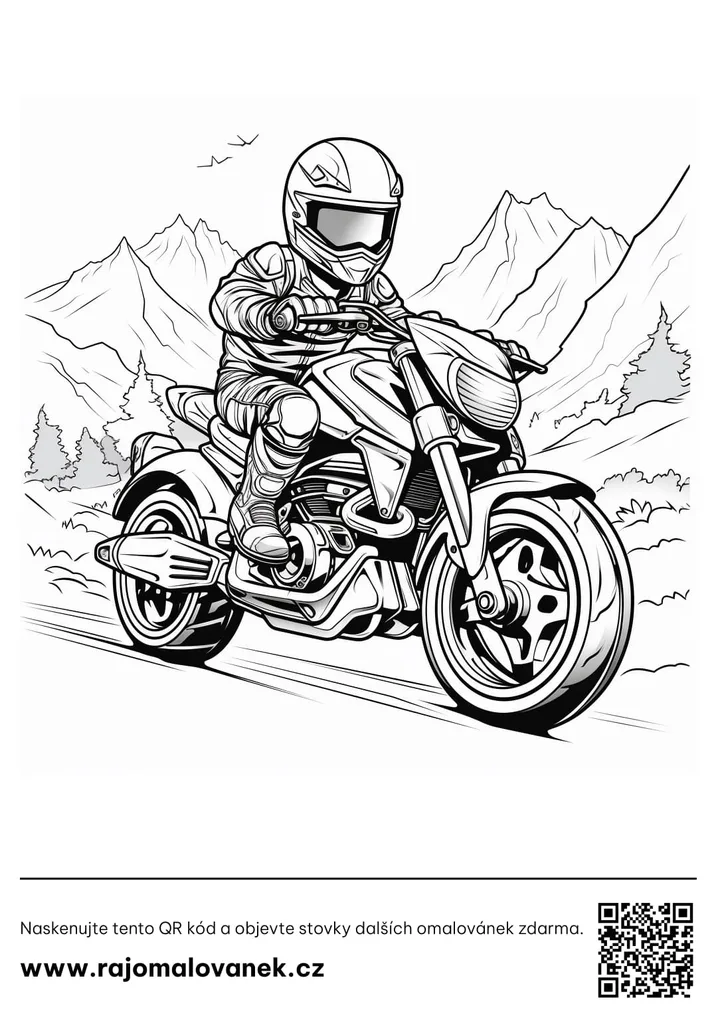 Motorky – omaľovánka 5 Čiernobiela omaľovánka s motívom motorky, obrázok 5, pripravená na vytlačenie