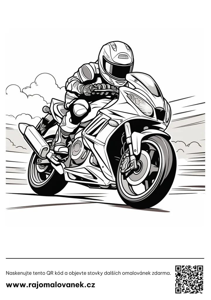 Motorky – omaľovánka 6 Čiernobiela omaľovánka s motívom motorky, obrázok 6, pripravená na vytlačenie