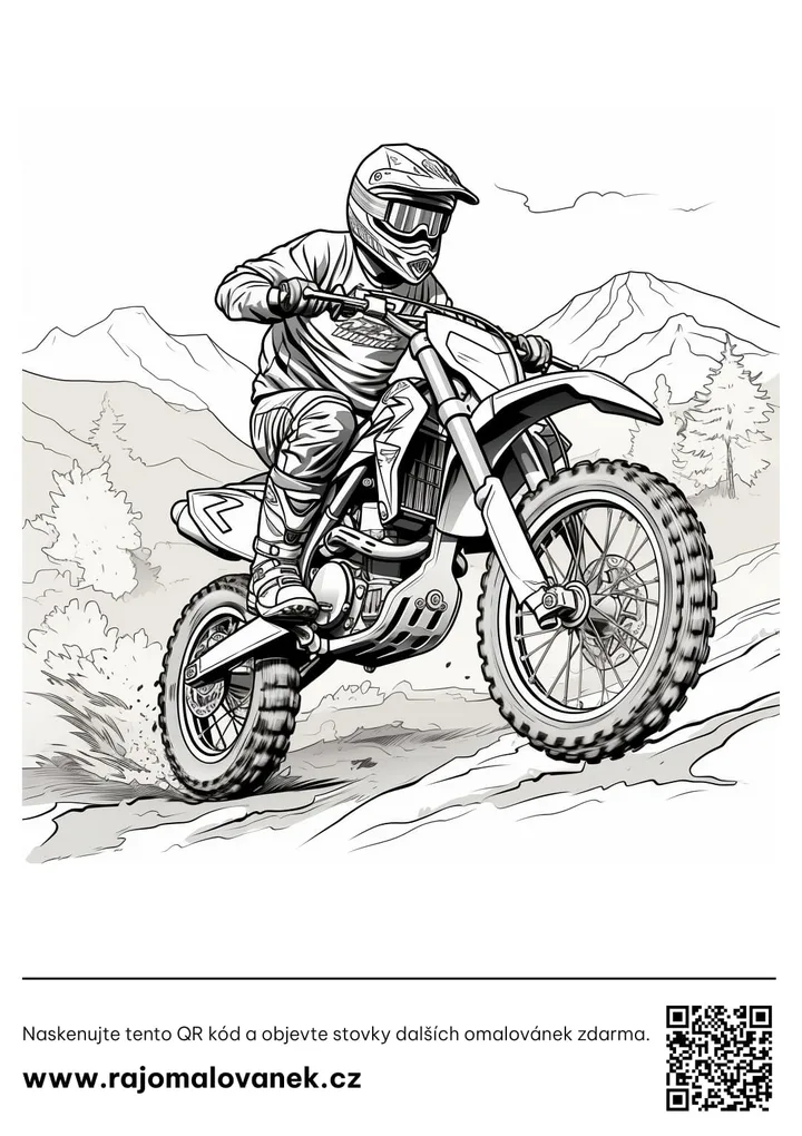 Motorky – omaľovánka 8 Čiernobiela omaľovánka s motívom motorky, obrázok 8, pripravená na vytlačenie