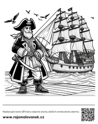 Piráti – omaľovánka 3 Čiernobiela omaľovánka s motívom piráti, obrázok 3, pripravená na vytlačenie