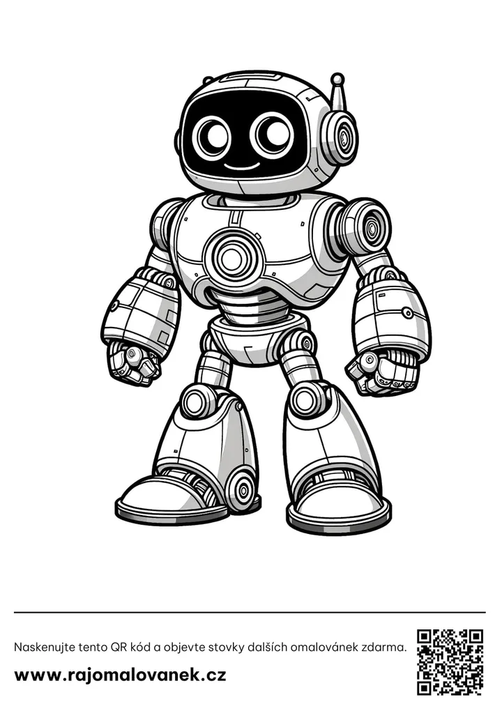 Roboti – omaľovánka 1 Čiernobiela omaľovánka s motívom roboti, obrázok 1, pripravená na vytlačenie