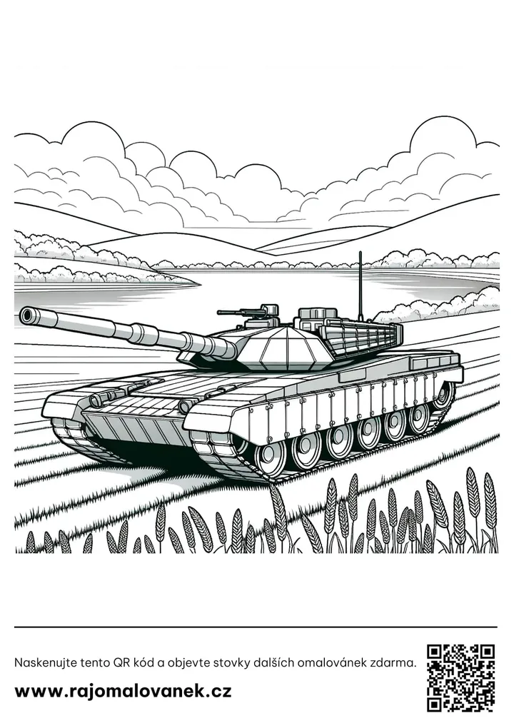 Tanky – omaľovánka 2 Čiernobiela omaľovánka s motívom tanky, obrázok 2, pripravená na vytlačenie