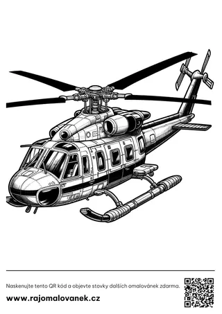 Vrtuľníky – omaľovánka 9 Čiernobiela omaľovánka s motívom vrtuľníky, obrázok 9, pripravená na vytlačenie